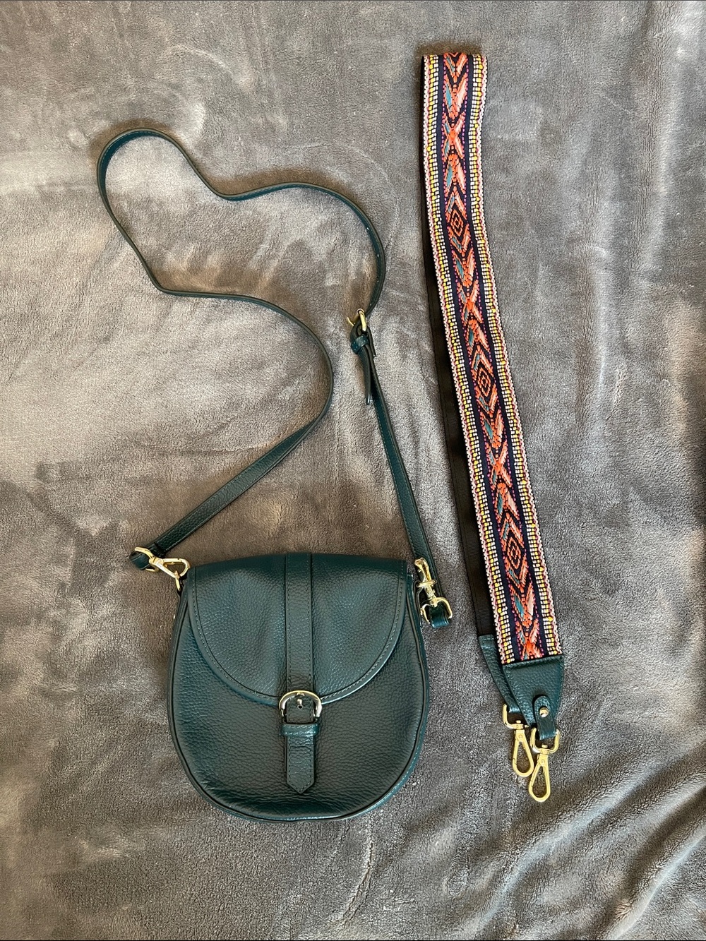 Ora Delphine Dark Green Leather Crossbody with Removable Patterned Strap